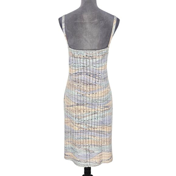 St John Evening Dress Womens 12 Beige Blue Sweater Stretch Knit Zipper Sequins - Picture 2 of 13